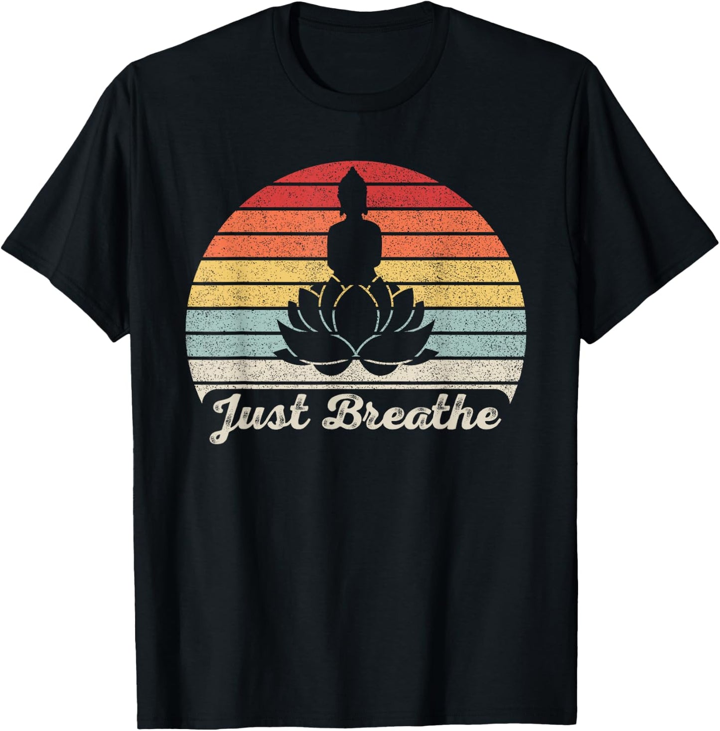Vintage Retro Just Breathe Buddha Lotus Flower Yoga T-Shirt - T-Shirt | Black