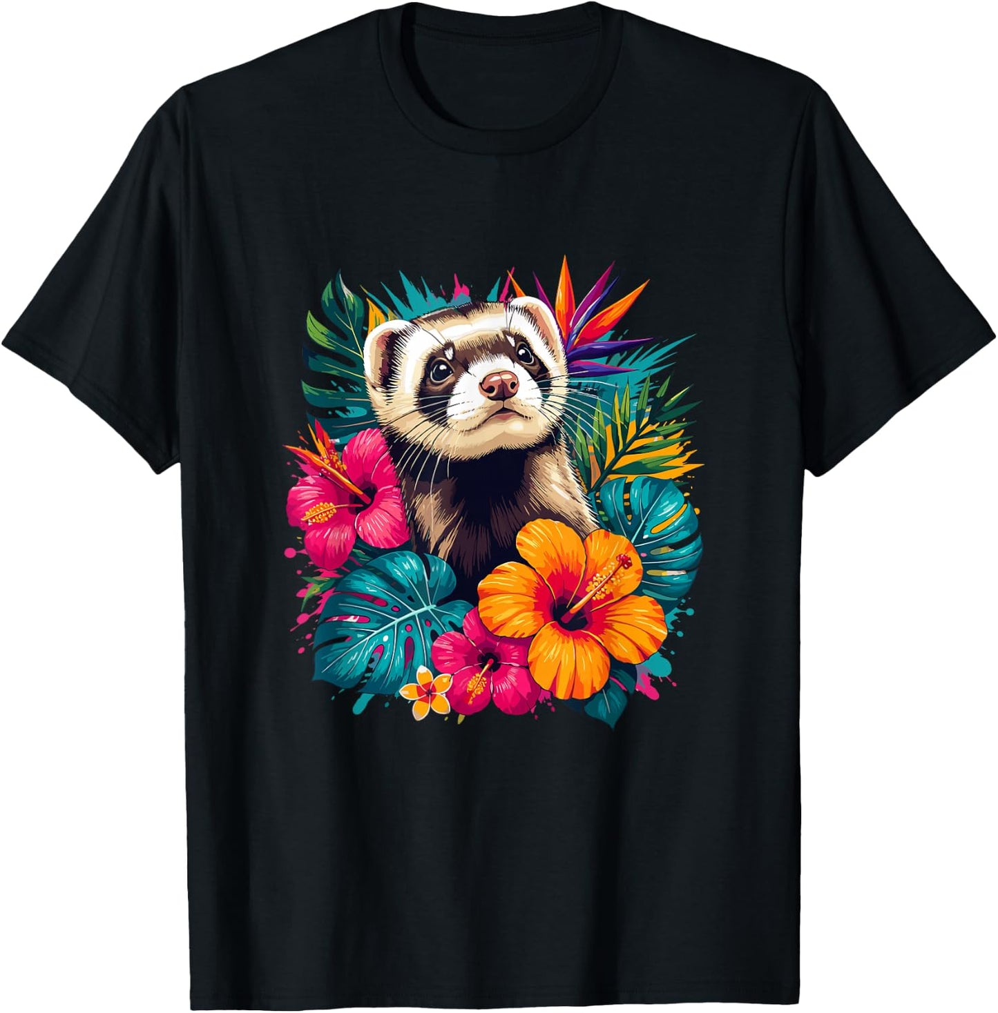 Colorful Ferret in Tropical Hibiscus Flowers Summer T-Shirt - T-Shirt | Black