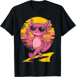 Retro Sunset Cool Axolotl With Sunglasses Peace Sign T-Shirt - T-Shirt | Black