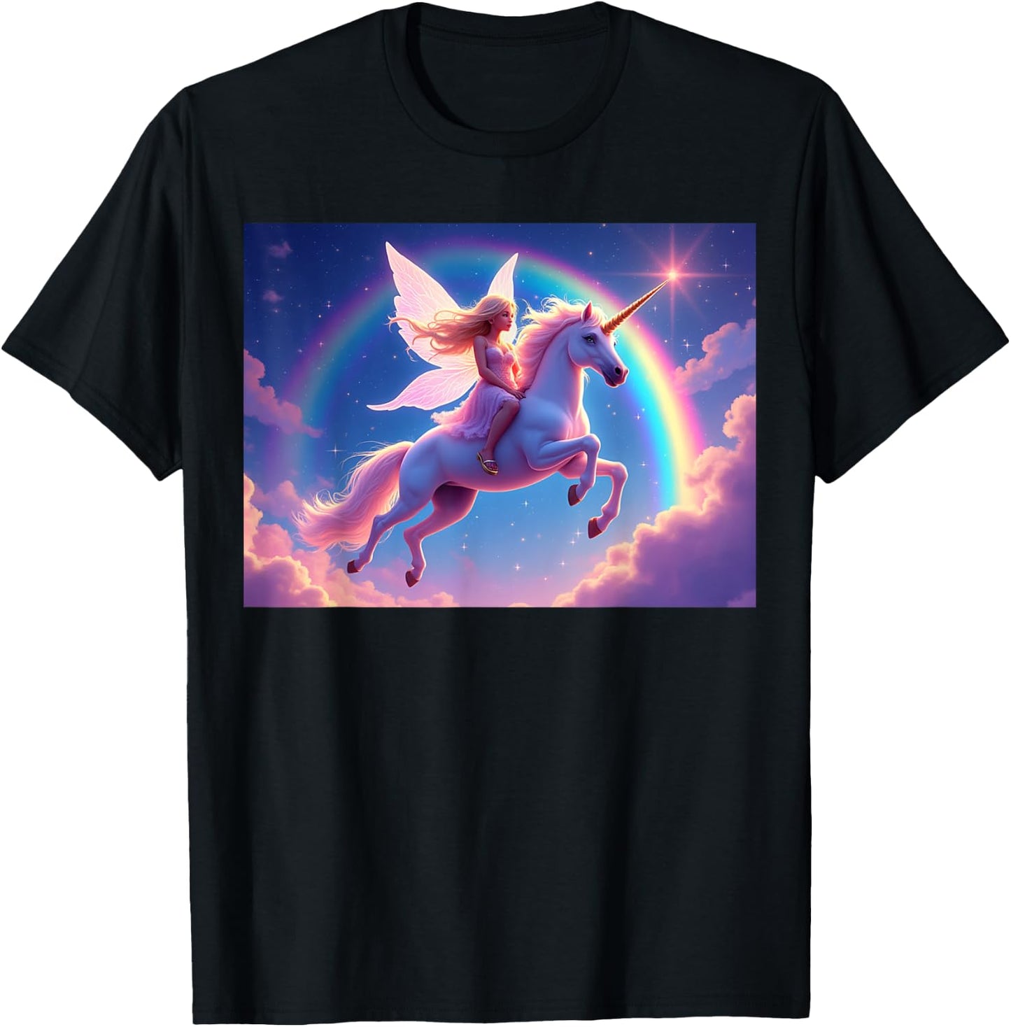 Fairy Riding a Unicorn With Rainbow and Stars Background T-Shirt - T-Shirt | Black