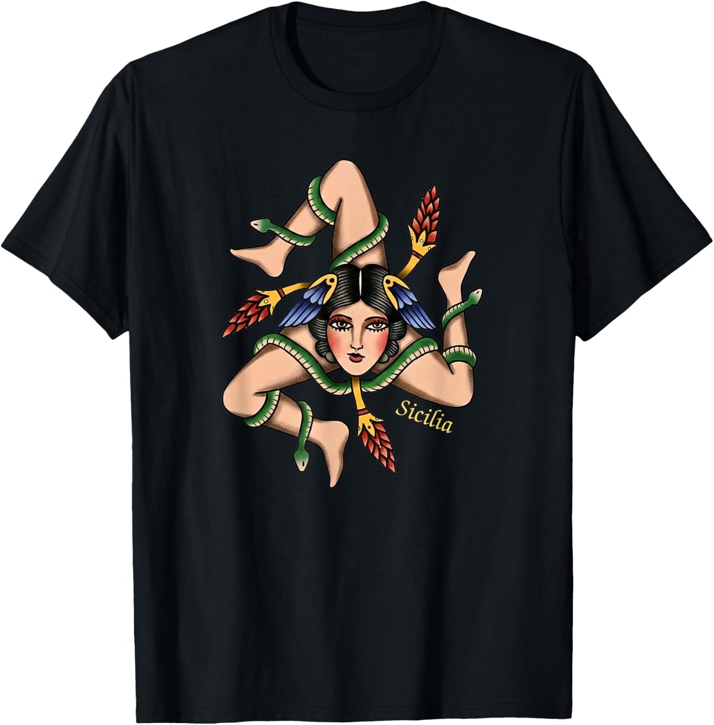 Sicilian Trinacria Old School Tattoo Style Triskelion T-Shirt - T-Shirt | Black