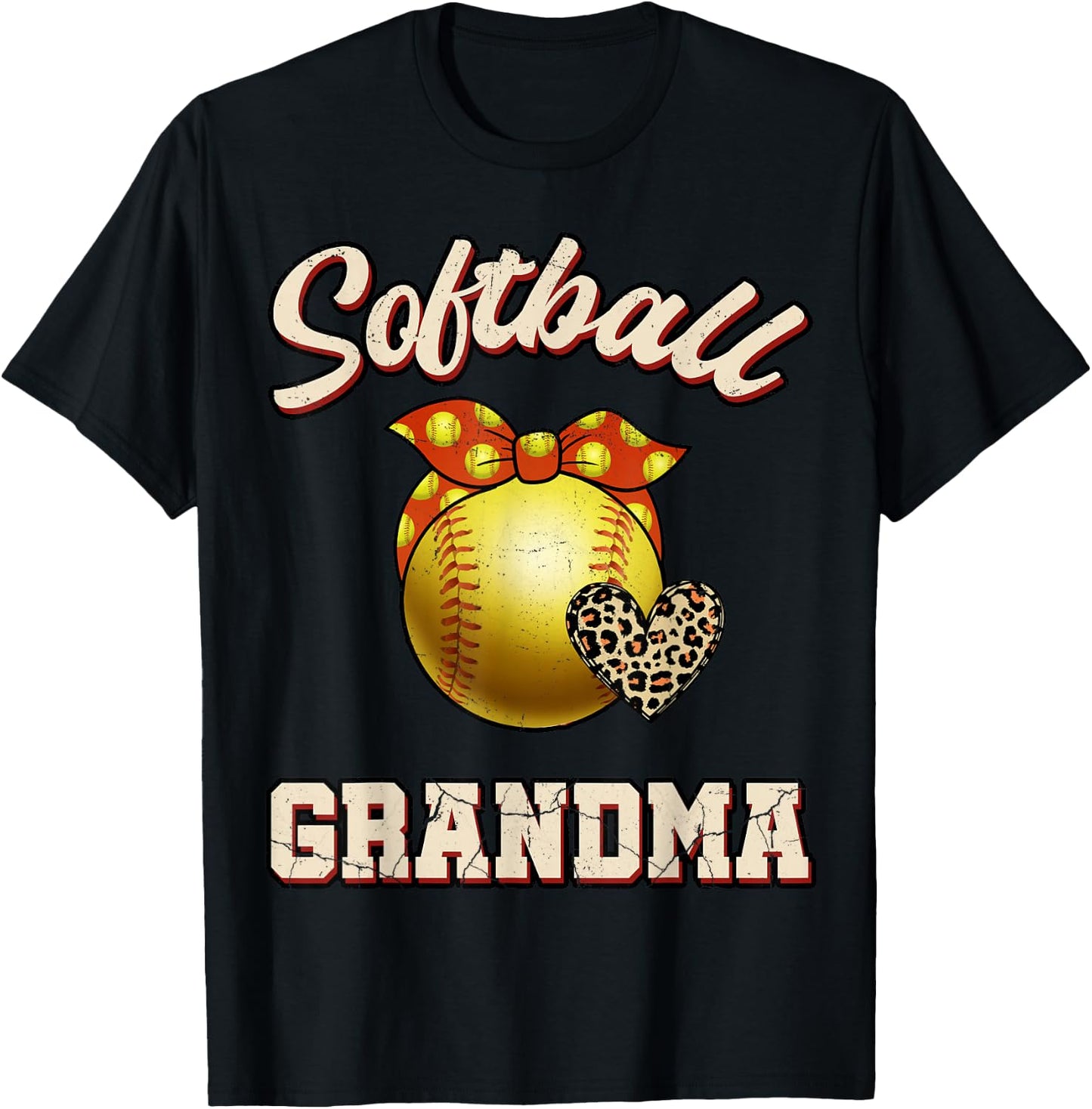 Softball Grandma Leopard Heart Fans Mother's Day Gift T-Shirt - T-Shirt | Black