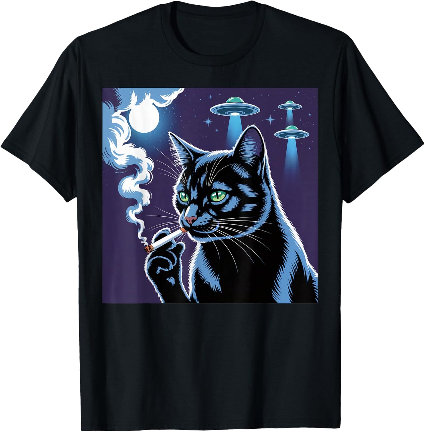 Smoking Cat Selfie Alien UFO Cat Black Smoking Cigarette T-Shirt - T-Shirt | Black