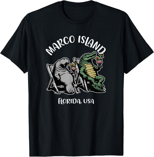 Marco Island Florida USA Funny Manatee and Alligator Design T-Shirt - T-Shirt | Black