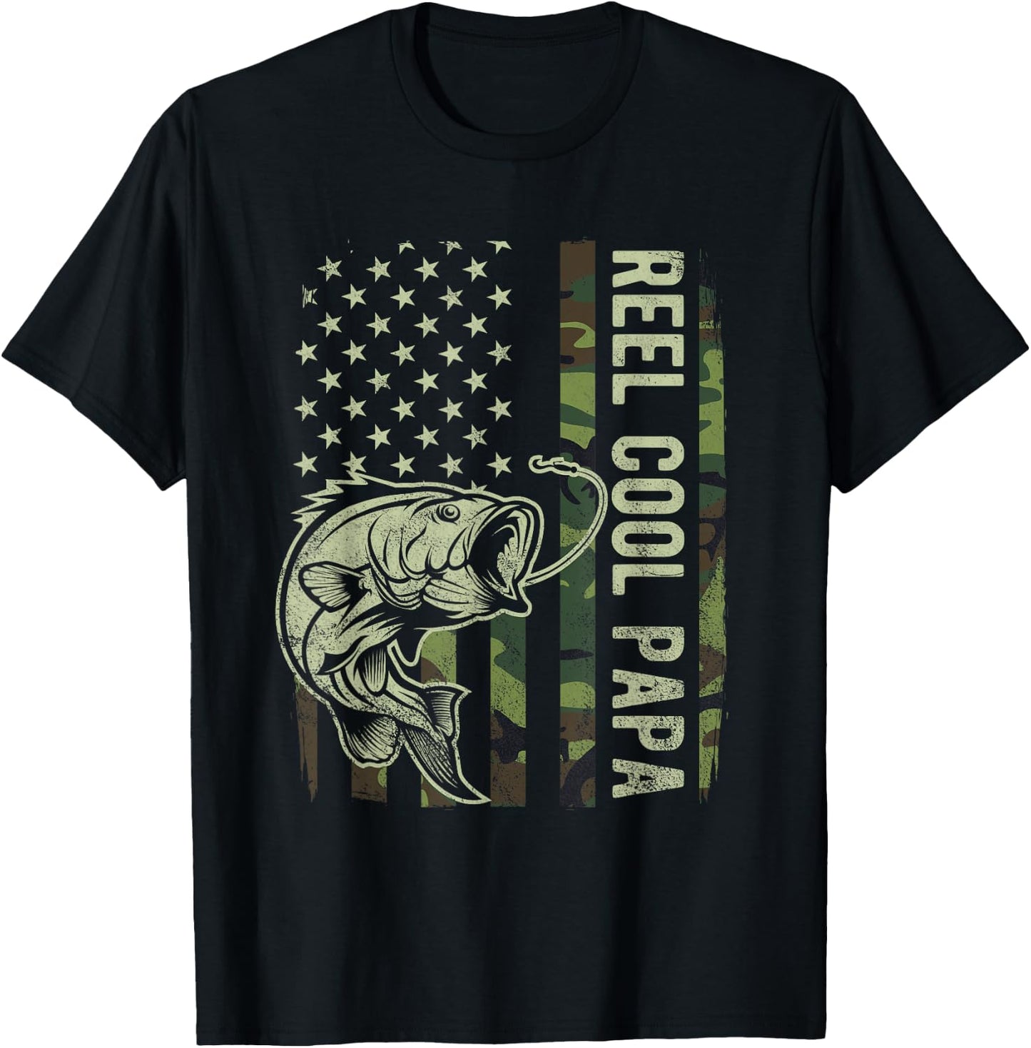 Reel Cool Papa Camouflage American Flag Fathers Day Men T-Shirt - T-Shirt | Black