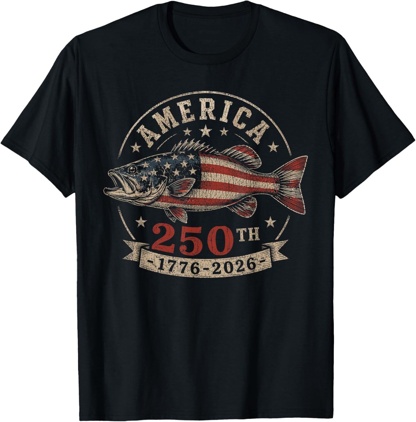 250 America Years 1776 2026 Fishing USA Flag 250th Birthday T-Shirt - T-Shirt | Black