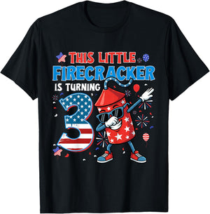 This Little Firecracker is Turning 3 Birthday 4th of July T-Shirt - T-Shirt | Black