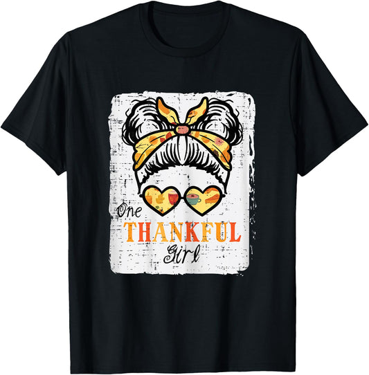 Thanksgiving One Thankful Girl Messy Bun Kids Toddler Youth T-Shirt - T-Shirt | Black