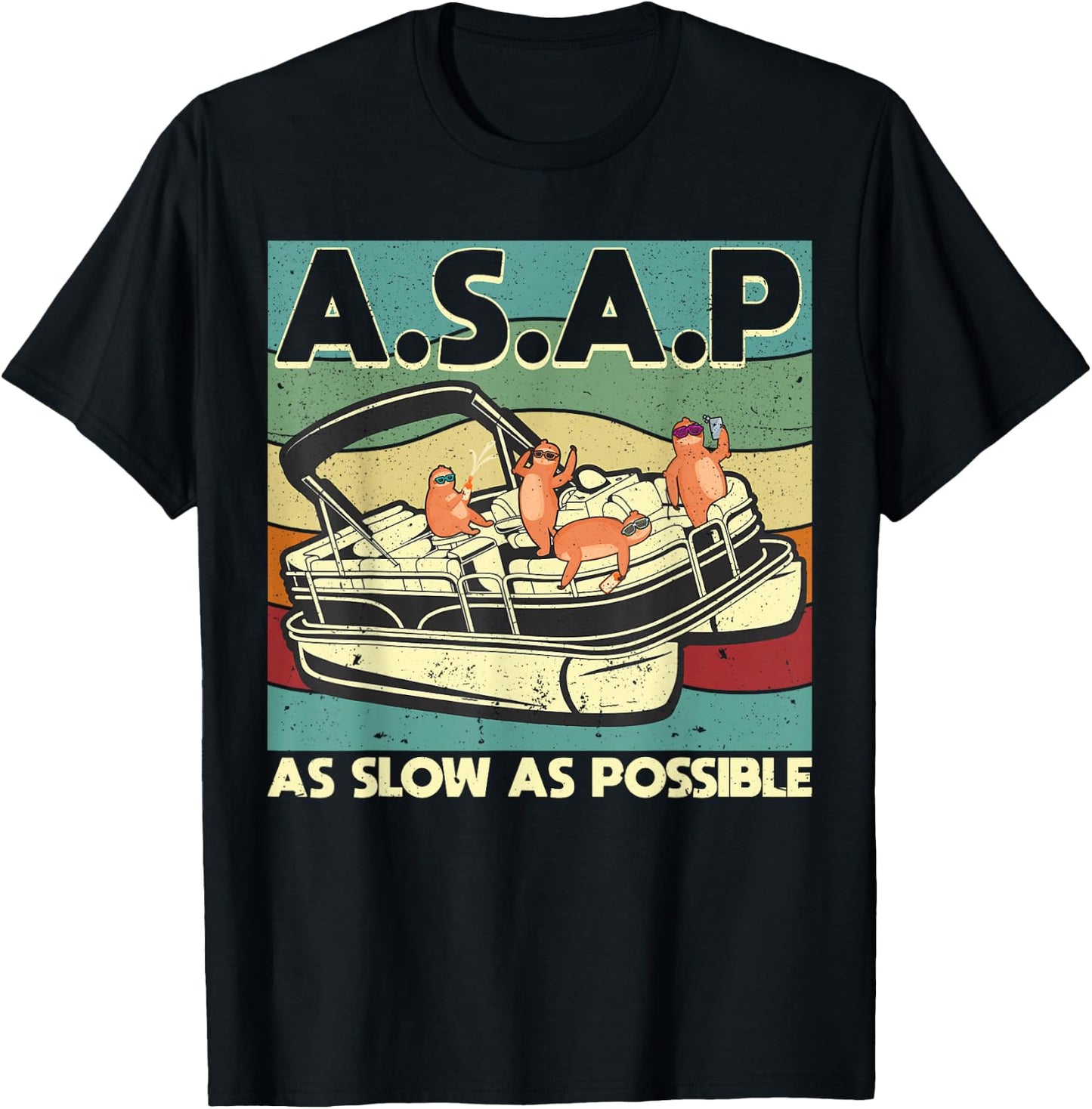 ASAP As Slow As Possible Retro Sloth Pontoon Boat Captain T-Shirt - T-Shirt | Black