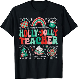 Holly Xmas Jolly Teacher Christmas Vibes Rainbow Xmas Tree T-Shirt - T-Shirt | Black