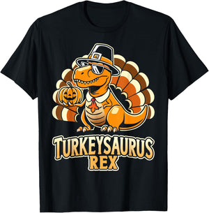 Funny turkeysaurus rex with dinosaur - -Adults, Kids - Black - Short Sleeve - - Cartoon Dinosaur - Thanksgiving Enthusiasts, Humor Lovers T-Shirt - T-Shirt | Black