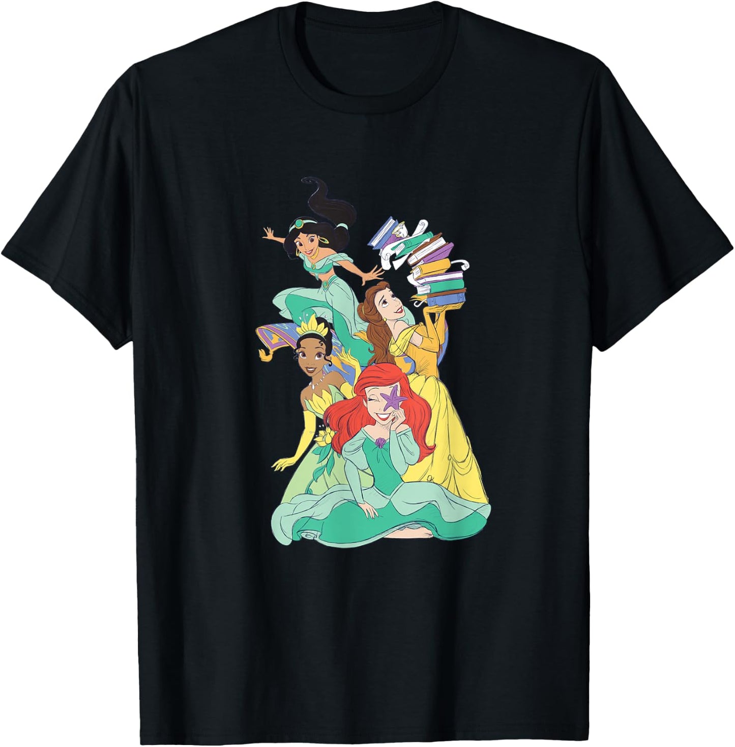Disney Princess Jasmine Ariel Belle Tiana Pastel Art T-Shirt - T-Shirt | Black