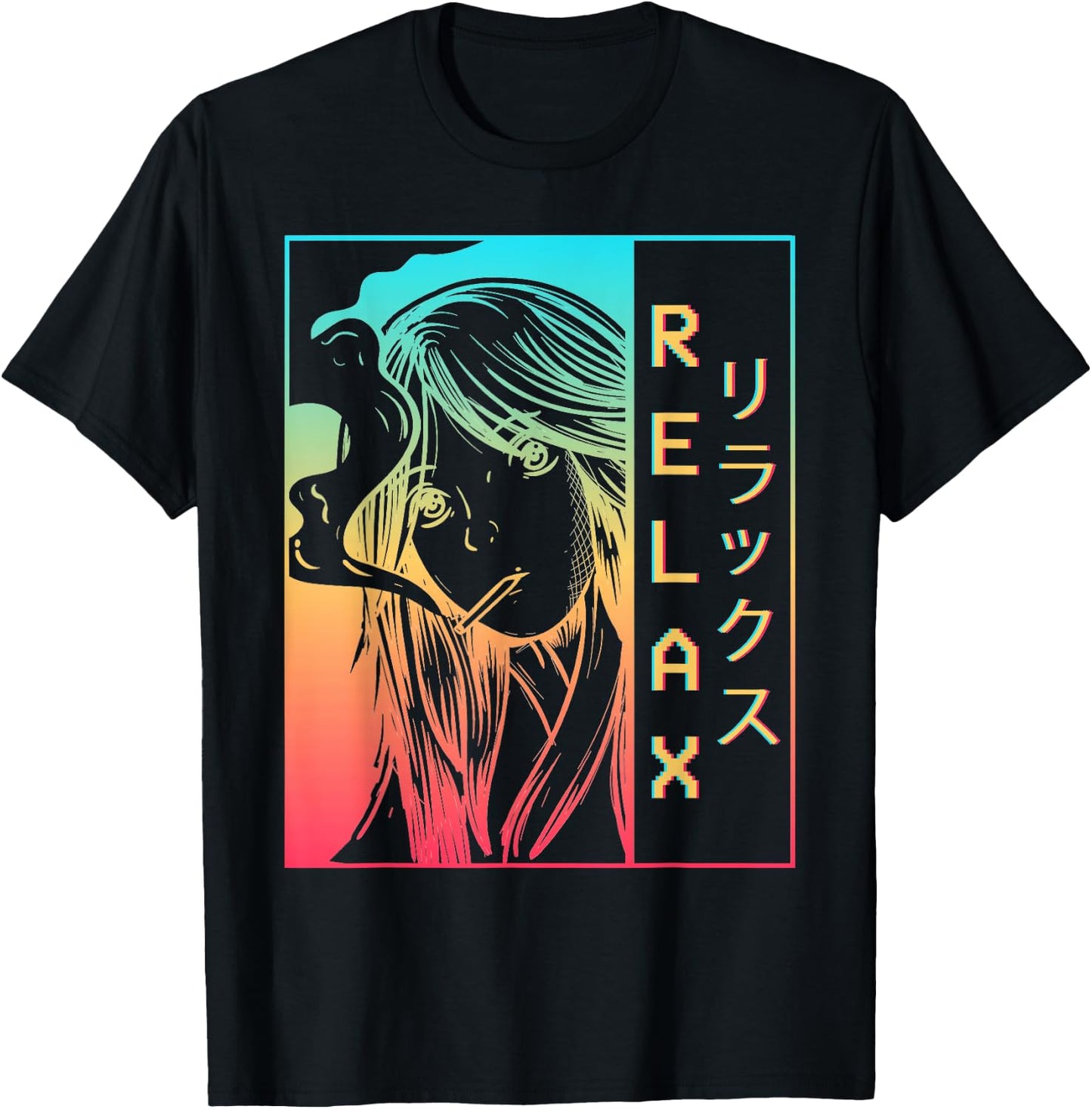 Vaporwave Aesthetic Anime Girl Sad Japanese Relax Harajuku T-Shirt - T-Shirt | Black