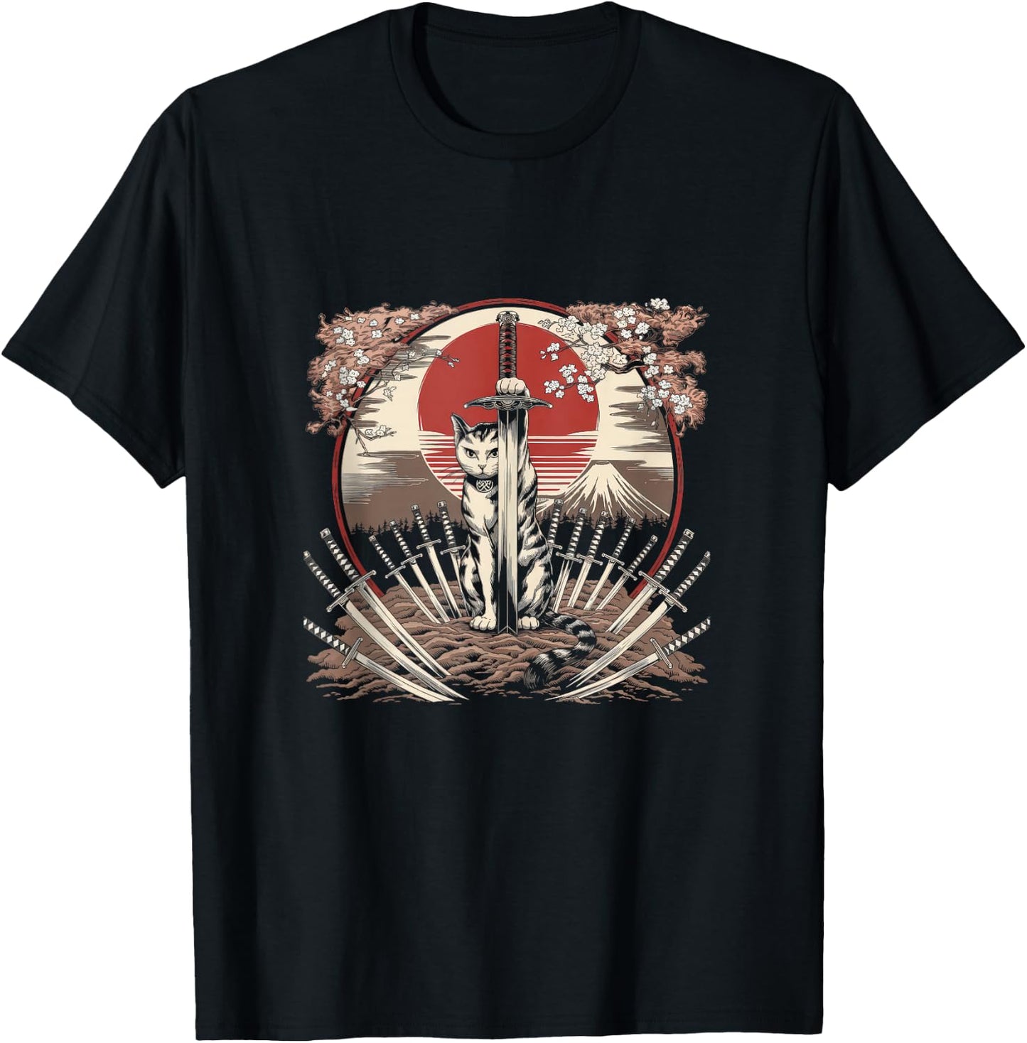 Samurai Cat Vintage Ukiyo-e Warrior Kanji Japan Anime Ink T-Shirt - T-Shirt | Black
