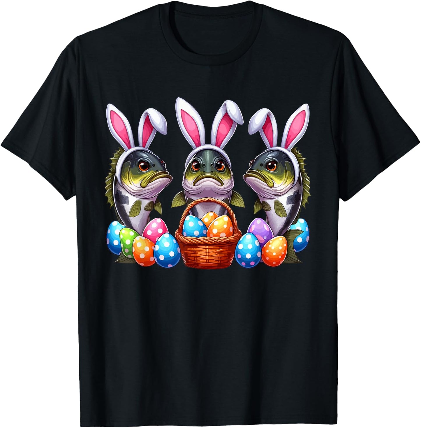 Three Easter Bunny Bass Fishes Hunting Eggs Basket Colorful T-Shirt - T-Shirt | Black