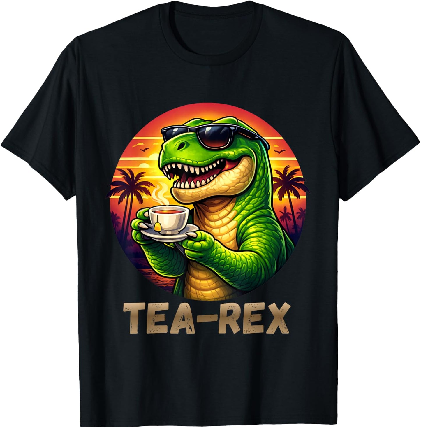 Tea Rex Funny Dinosaur Tropical Sunset T-Shirt - T-Shirt | Black