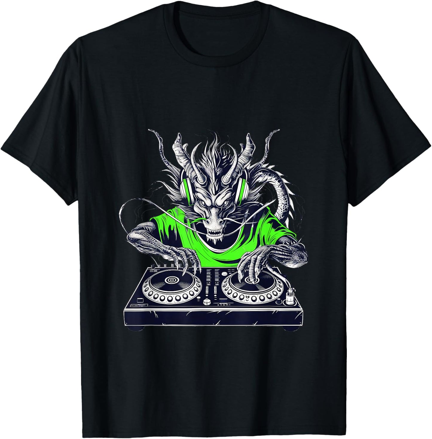 Retro vintage Rave music Festival cool dragon DJ lime green T-Shirt - T-Shirt | Black