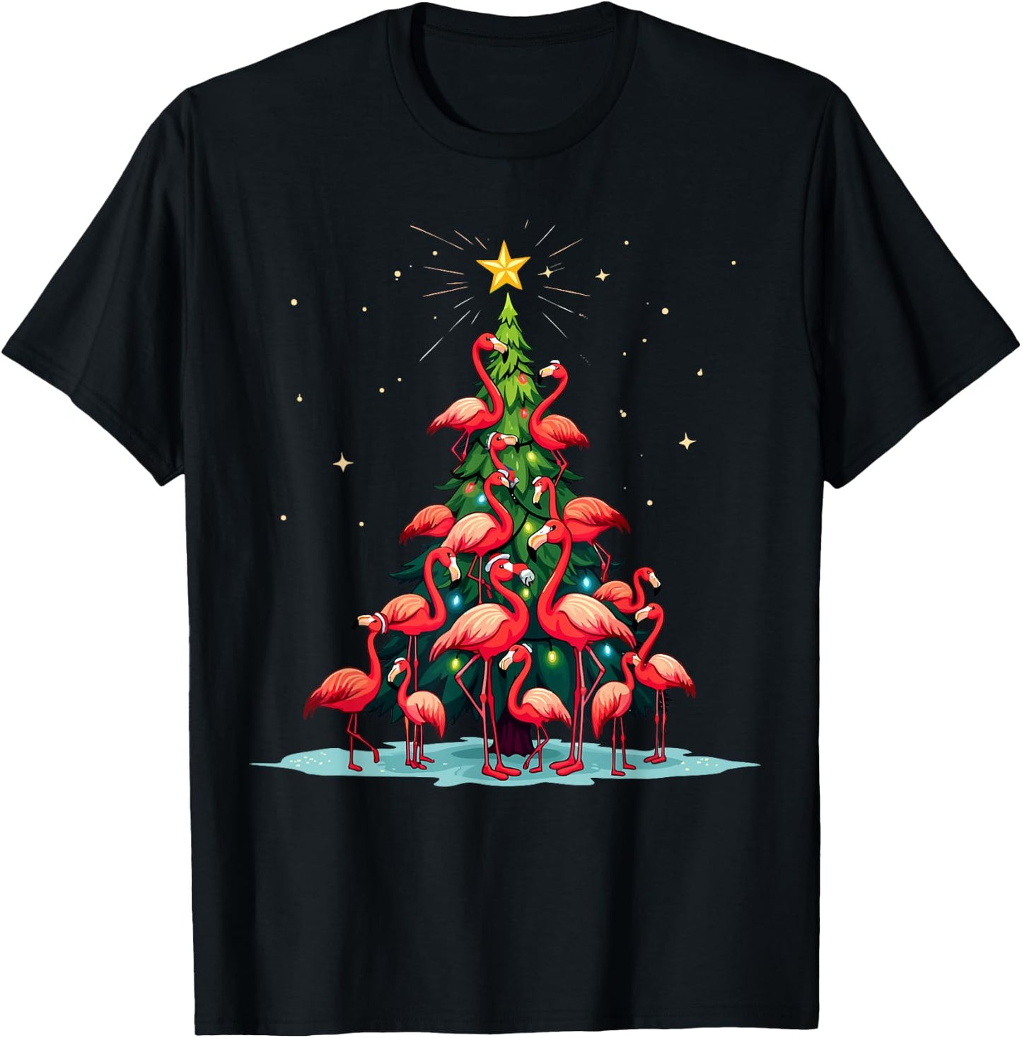 Flamingo Christmas Tree. Funny Pinkie Holiday Flamingo T-Shirt - T-Shirt | Black