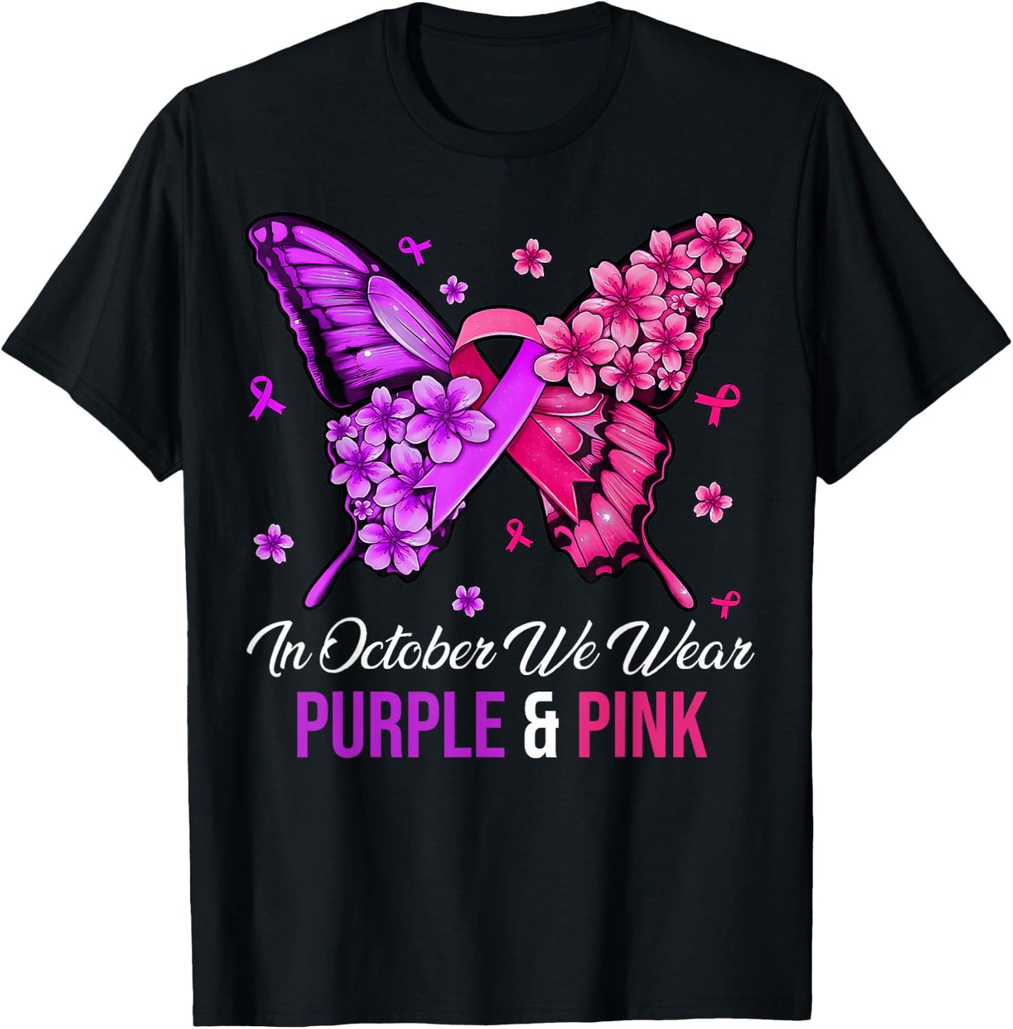 Breast Cancer And Domestic Violence Awareness Butterfly T-Shirt - T-Shirt | Black