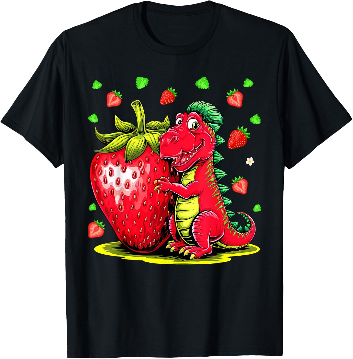Cute Strawberry Summer Fruit Lover Dinosaur T Rex Boys Girls T-Shirt - T-Shirt | Black