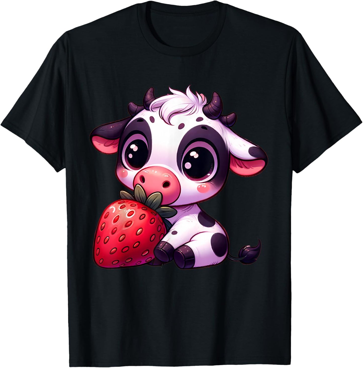 Cute Cow Eating Strawberry Kawaii Farm Animal Men Women Kids T-Shirt - T-Shirt | Black