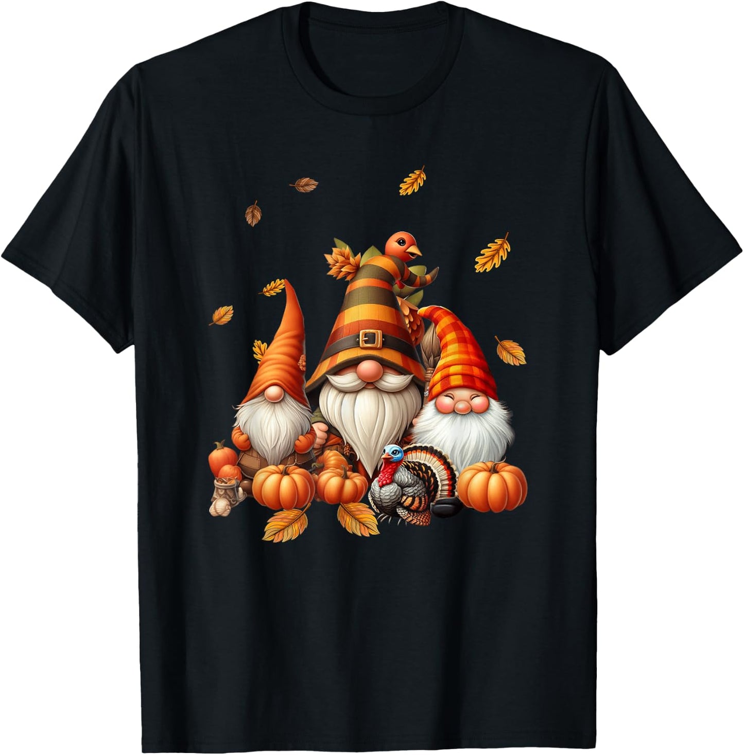 Fall Gnome Pumpkin Leaf Turkey Thanksgiving Autumn Gnomes T-Shirt - T-Shirt | Black