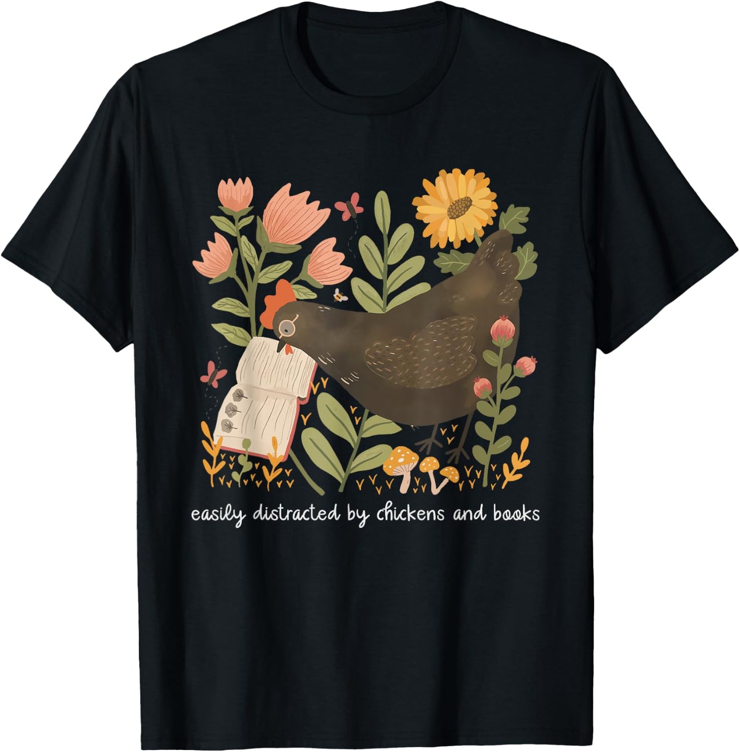 Easily Distracted By Chickens And Books Chicken Book Lover T-Shirt - T-Shirt | Black