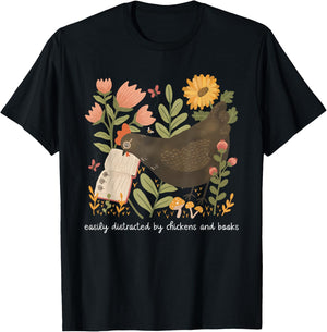 Easily Distracted By Chickens And Books Chicken Book Lover T-Shirt - T-Shirt | Black
