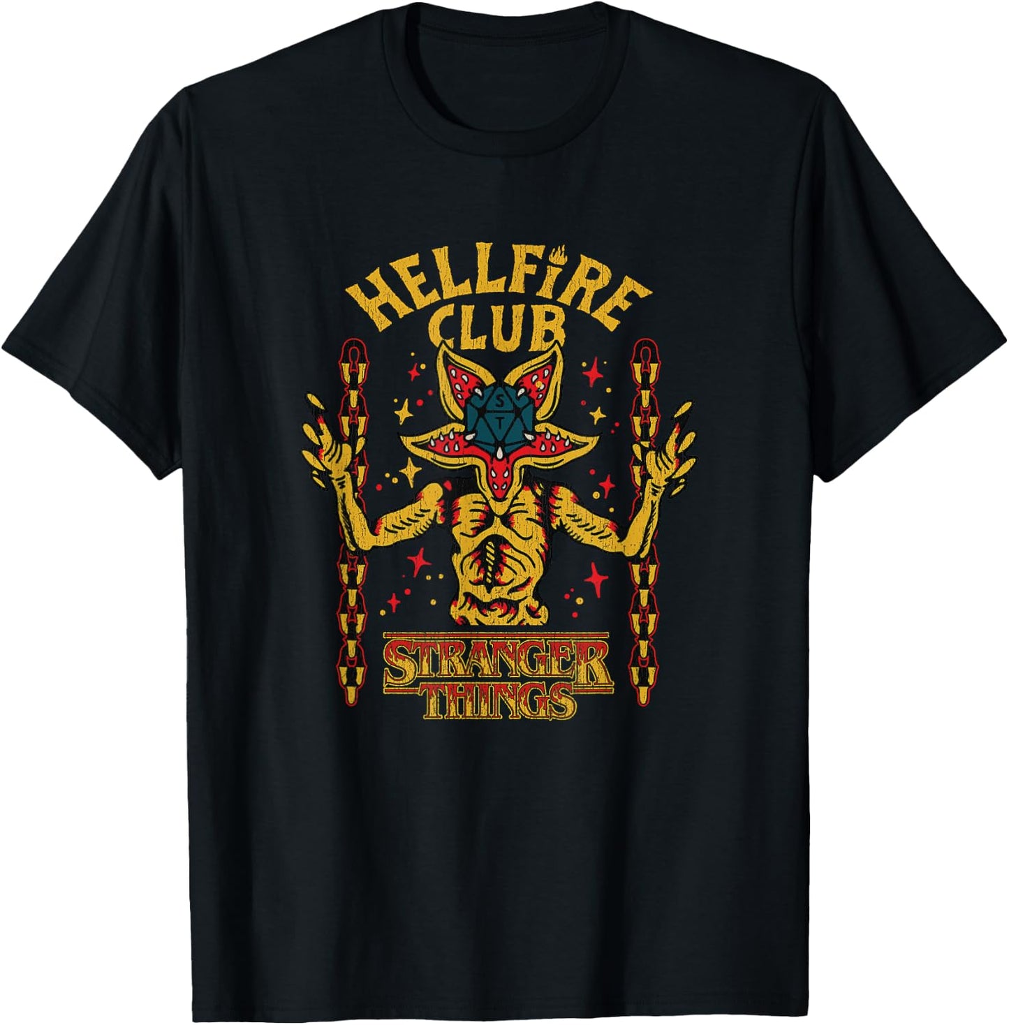 Stranger Things Distressed Hellfire Club Neon Demogorgon T-Shirt - T-Shirt | Black