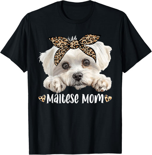 Cute Maltese Mom Leopard Mama Dog Lovers Funny Mother’s Day T-Shirt - T-Shirt | Black