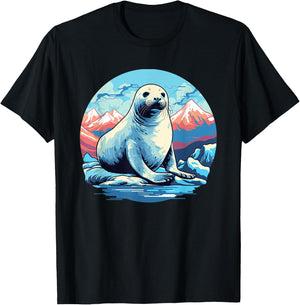 Harp Seal with Arctic Landscape, Harp Seal T-Shirt - T-Shirt | Black