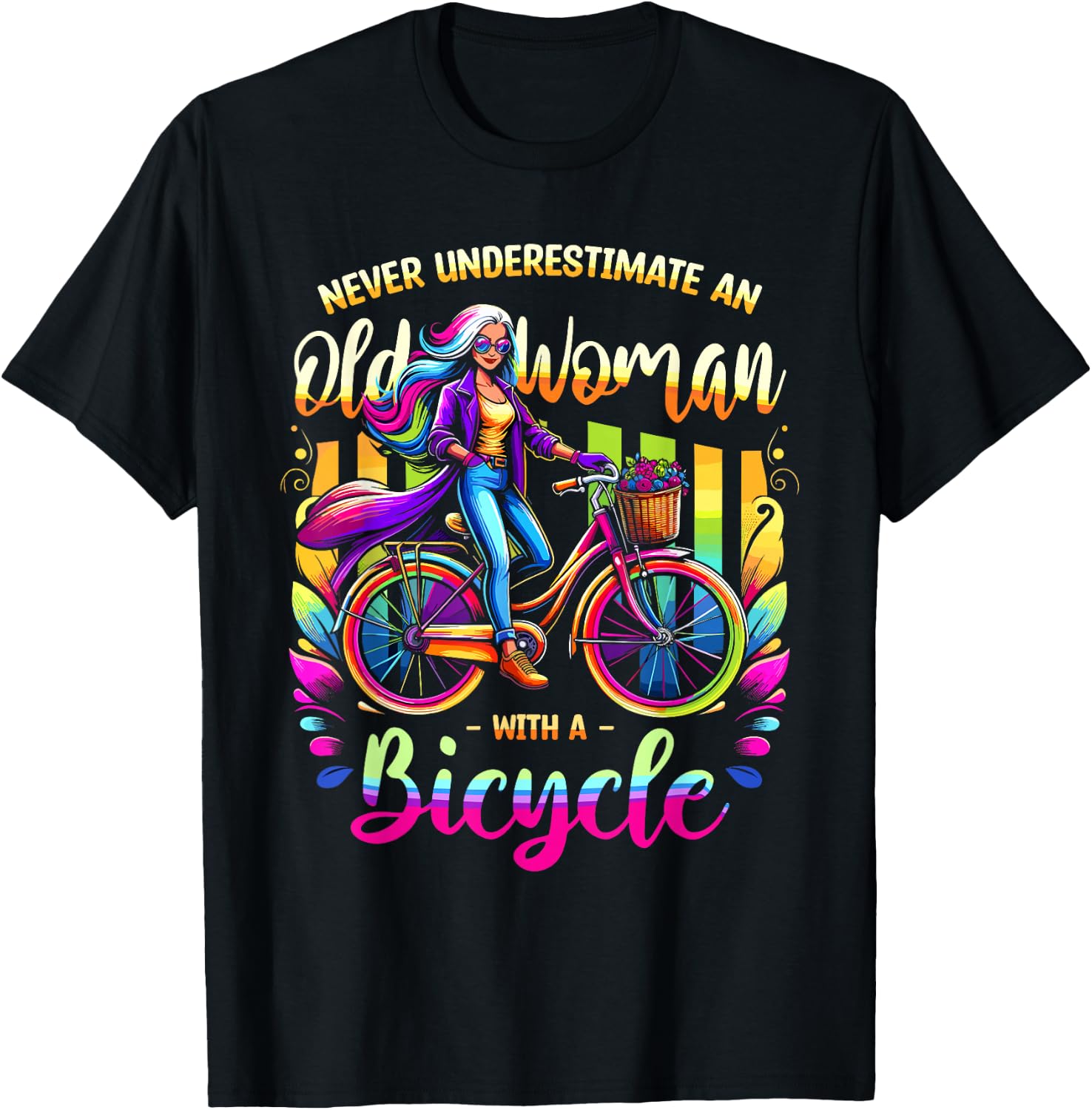 Never Underestimate An Old Woman With A Bicycle Cyclist T-Shirt - T-Shirt | Black