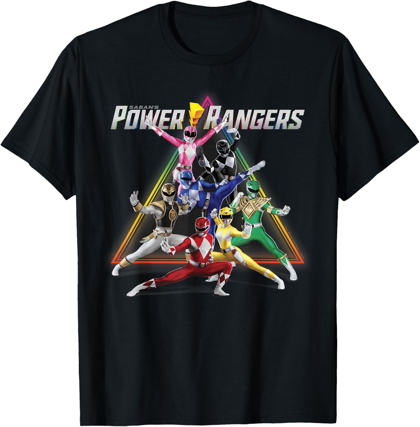 Power Rangers Rainbow Pyramid Retro Action Portrait Small T-Shirt - T-Shirt | Black