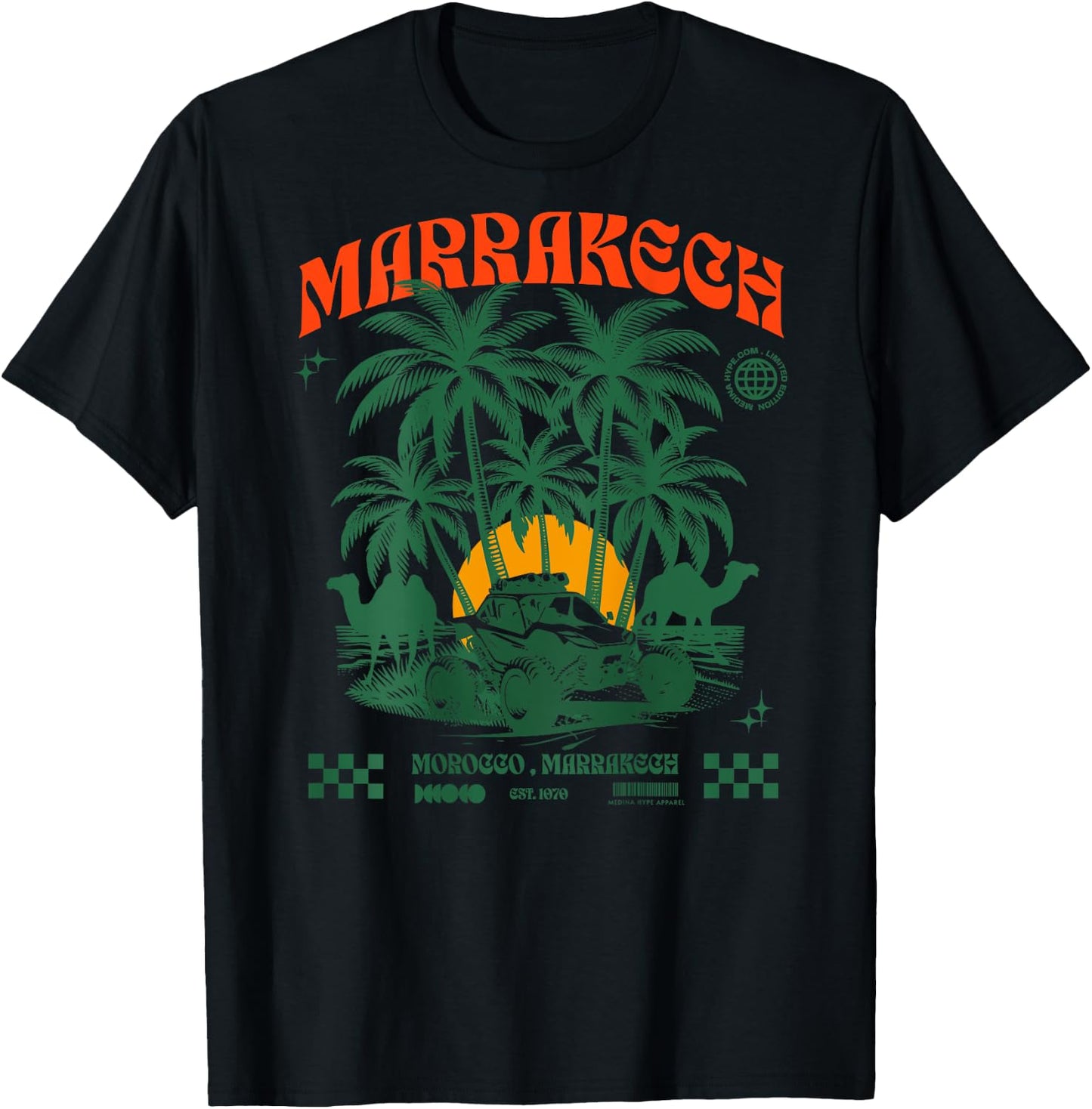 Marrakech Sunset Palm Trees Camel Morocco Lovers T-Shirt - T-Shirt | Black