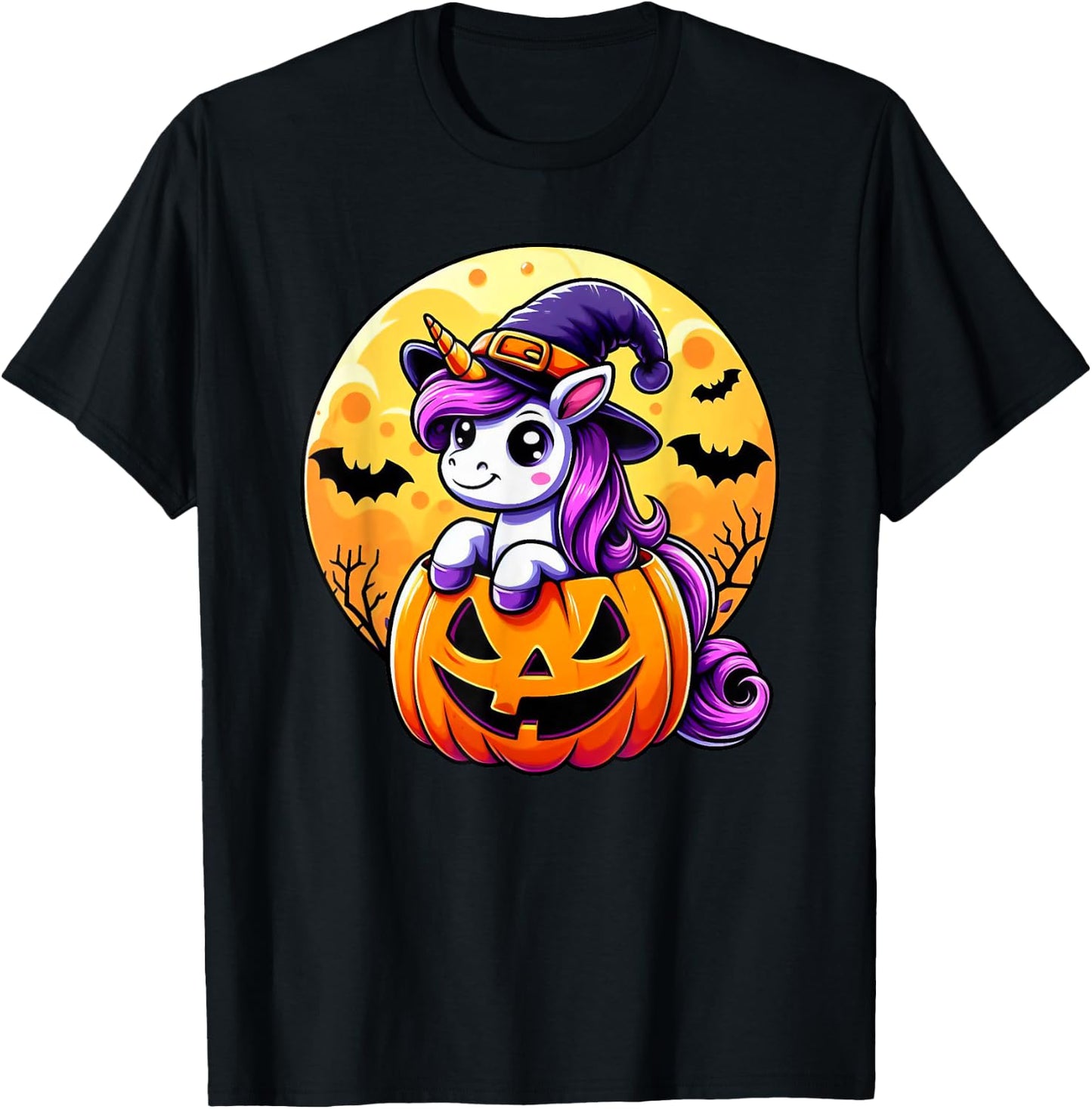 Halloween Cute Unicorn Witch Hat Pumpkin Funny For Kid Girl T-Shirt - T-Shirt | Black