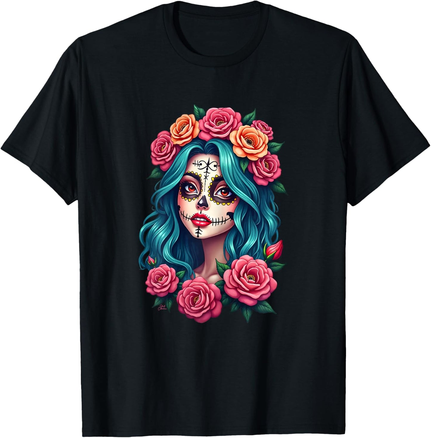 Dia de los Muertos Head Mexican Woman Mexico Sugar Skull , Black, Female X-Small T-Shirt - T-Shirt | Black