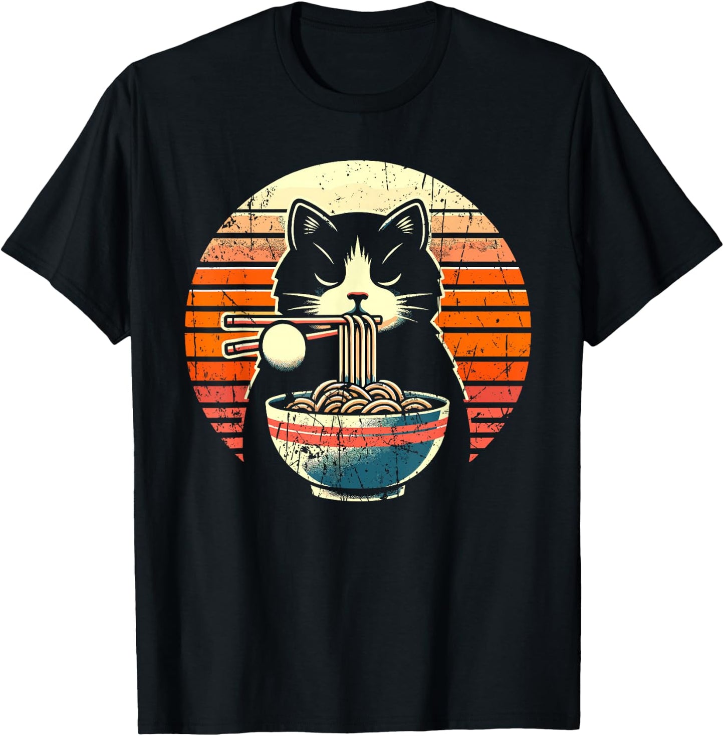 Anime Ramen Cat Retro Japanese Noodles Kawaii Cat T-Shirt - T-Shirt | Black