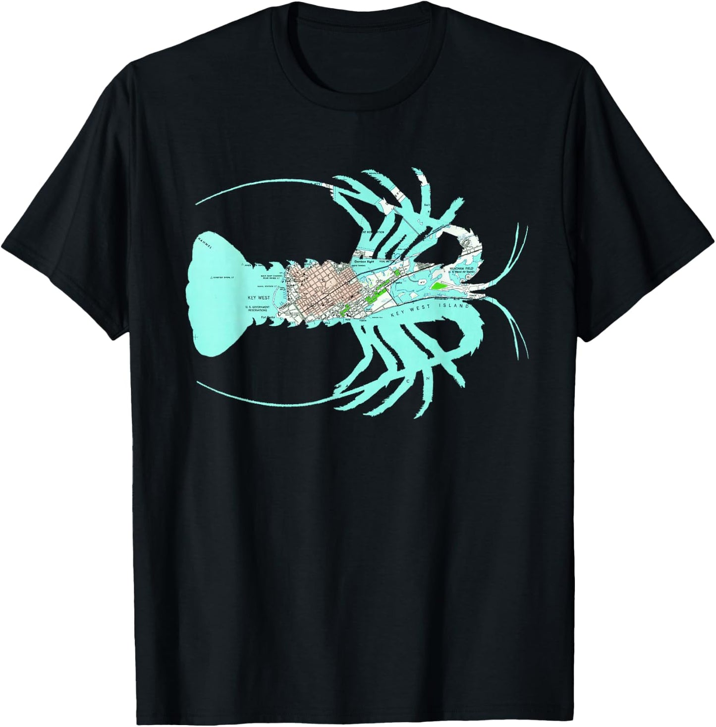 Key West FL Caribbean Spiny Lobster Map Silhouette T-Shirt - T-Shirt | Black