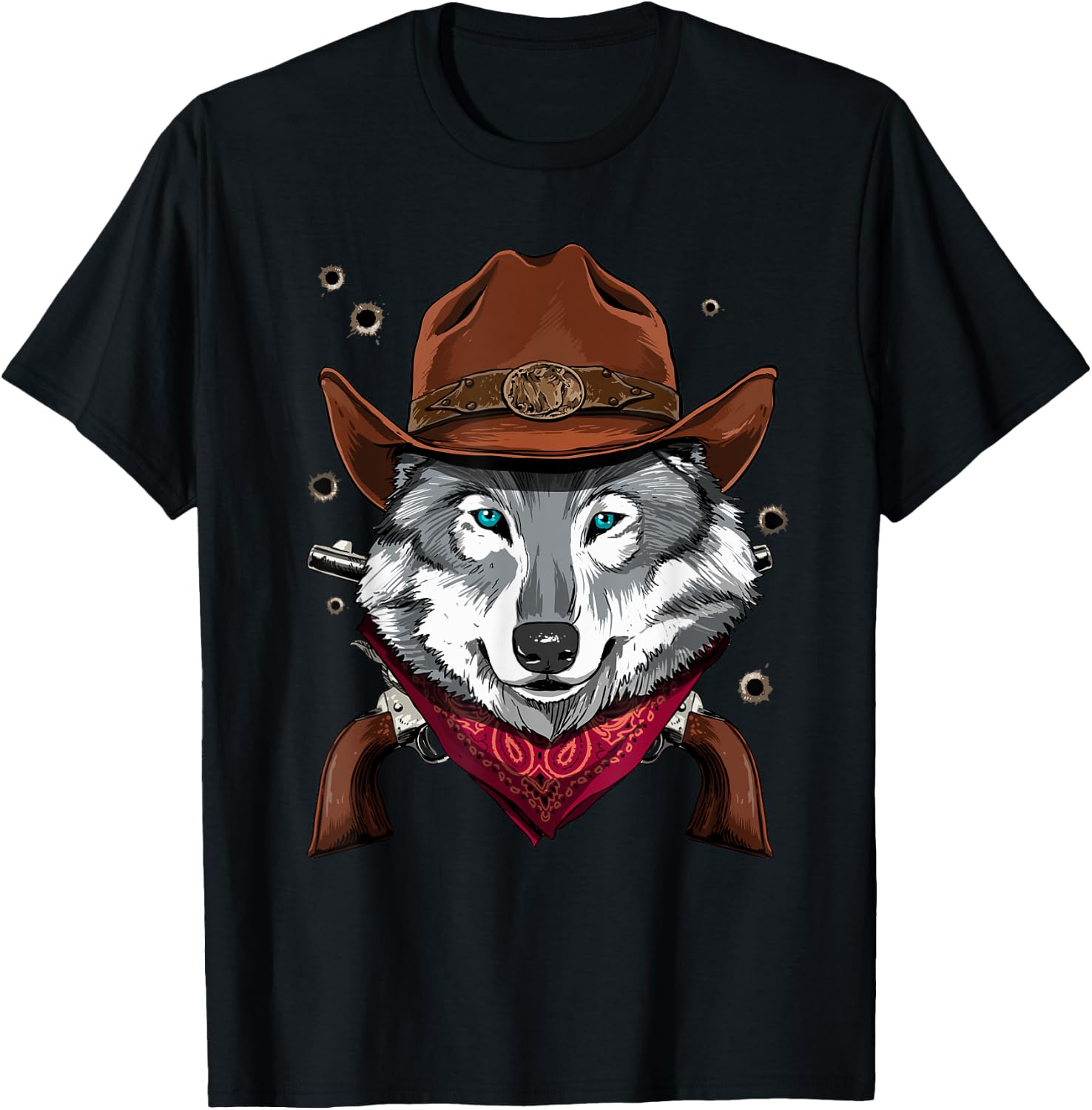Cowboy Wolf Western Rodeo Cowboy Hat and Bandana T-Shirt - T-Shirt | Black