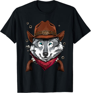 Cowboy Wolf Western Rodeo Cowboy Hat and Bandana T-Shirt - T-Shirt | Black