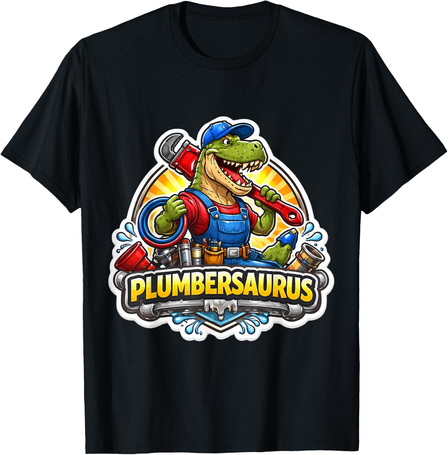 Plumbersaurus Plumber Dinosaur Dino T-rex Plumbing Funny Fun T-Shirt - T-Shirt | Black