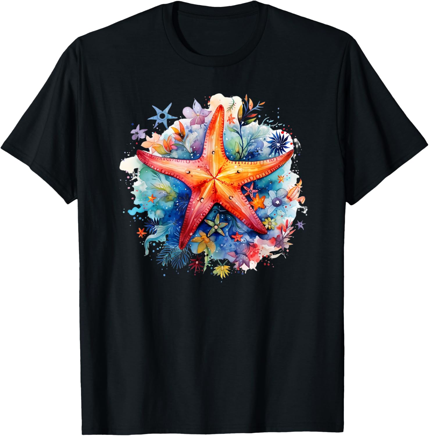 Ocean Themed Beach Vacation Graphic Sea Watercolor Starfish T-Shirt - T-Shirt | Black