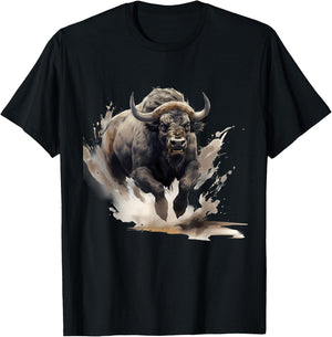 Buffalo Wildlife Safari Splash Bison Animal Art Nature Motif T-Shirt - T-Shirt | Black
