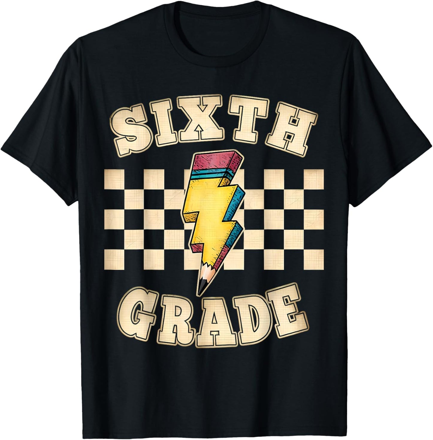 Retro 6th Sixth Grade Teacher Lightning Bolt Pencil Teacher T-Shirt - T-Shirt | Black