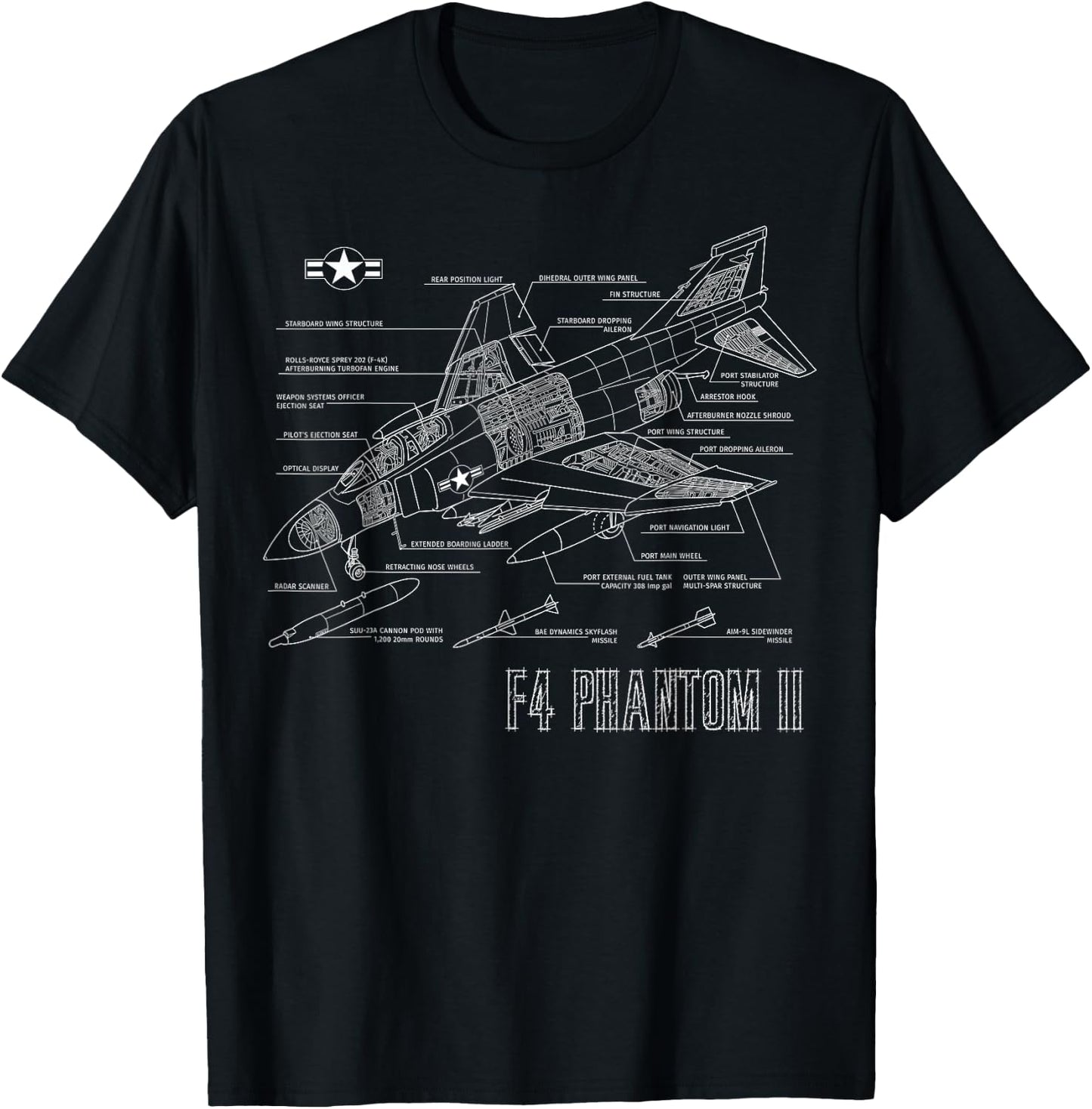 Vintage F4 Phantom II Jet Military Aviation Blueprint Gift T-Shirt - T-Shirt | Black