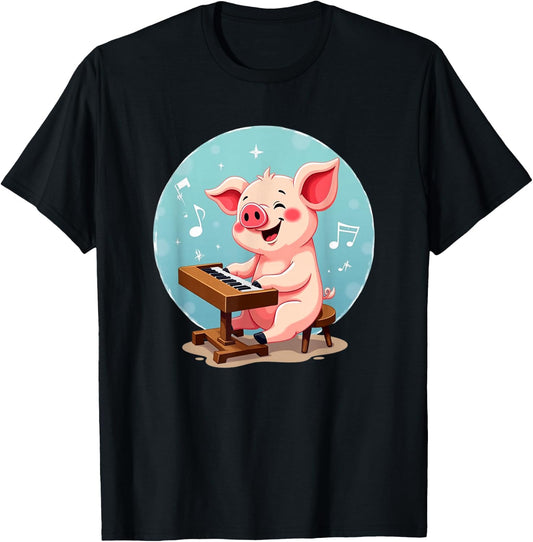 Piano Playing Pig T-Shirt - T-Shirt | Black