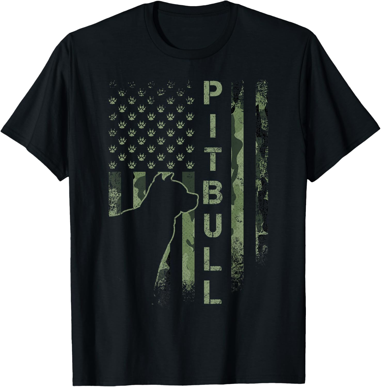Vintage USA American Camo Flag Pitbull Dog Silhouette Pittie T-Shirt - T-Shirt | Black