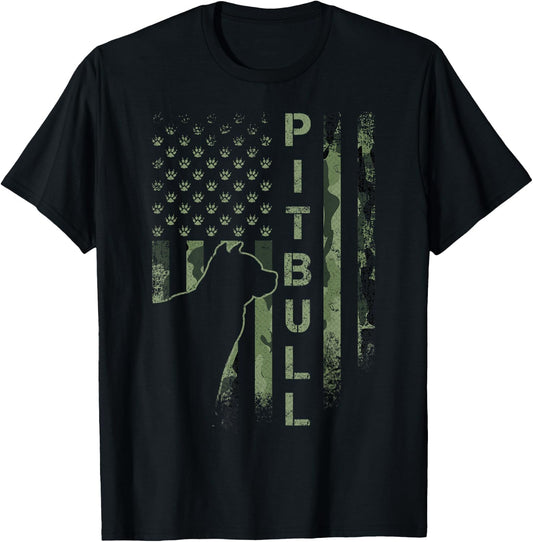Vintage USA American Camo Flag Pitbull Dog Silhouette Pittie T-Shirt - T-Shirt | Black