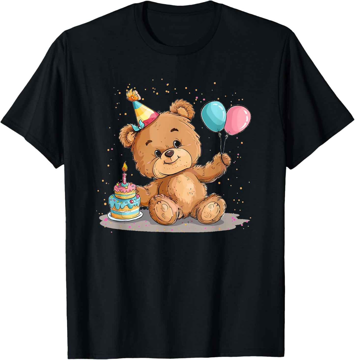 Pretty Teddy Bear with Party Hat and Birthday Balloons T-Shirt - T-Shirt | Black