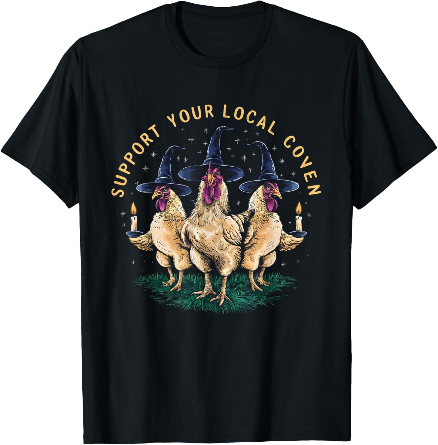 Support Your Local Coven Funny Farm Witch Chicken Halloween T-Shirt - T-Shirt | Black